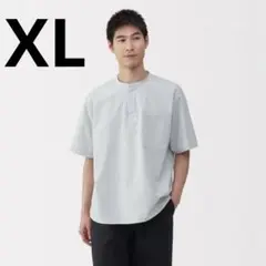 無印良品 涼感ヘンリーネック半袖布帛Tシャツ グレーストライプ XLサイズ
