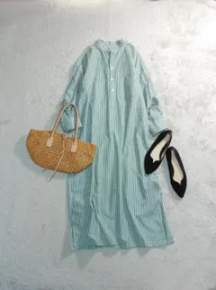 マカフィー トゥモローランド ストライプ バンドカラー シャツ ワンピース 36