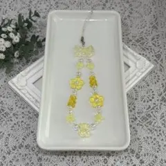 90-g ハンドメイド　テディベアビーズのストラップ　イエロー