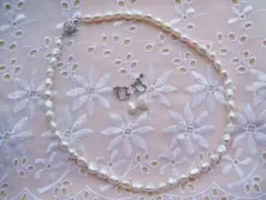 天然 淡水パール ネックレスとイヤリング/ピアス★バロック真珠50cm ホワイト