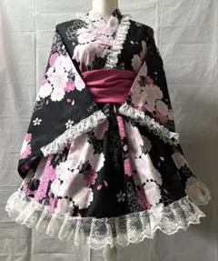 浴衣ドレス 大人用 姫ギャル 花 白 ピンク バラ フリルレース 黒 薔薇