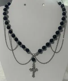 ブラックビーズ×シルバークロス チェーンネックレス 十字架 【ハンドメイド】