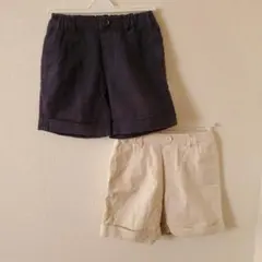 110 ユニクロ イネス コットンリネン ショートパンツ ネイビー アイボリー