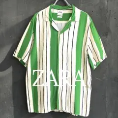 ZARA ザラ ストライプ オープンカラーシャツ アート　ペイント　L グリーン
