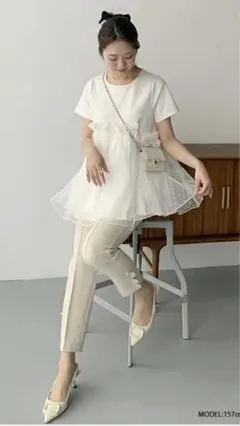 【新品未使用】fitmoreドットオーガンジーアシメペプラムカットソー　ホワイト