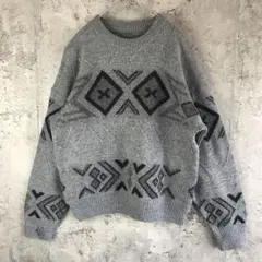 Y819古着　ニットセーター　柄　グレー　90s Y2K