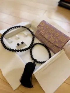 黒色ビーズ ネックレス・数珠・イヤリングセット