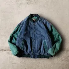 vintageデニムスタジャン短丈ボンバージャケット型ラインリブツートンカラーM