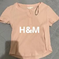 H&M リブ 半袖 ヘンリーネック Tシャツ ピンクのサムネイル