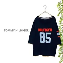 【TOMMY HILHIGER】Tシャツ　ネイビー　ビックプリント　M 古着　紺
