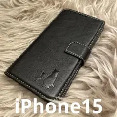 iPhone15 黒 手帳型スマホケース　レザー　猫　仔猫　シンプル