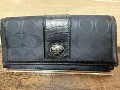 コーチ　長財布　財布　二つ折り財布　メンズ　黒　レザー　シグネチャー　中古