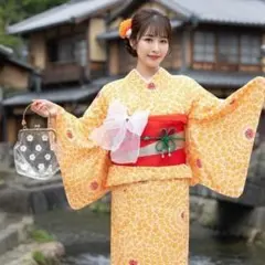レディース　浴衣セット　身丈161cm　黄　花　兵児帯　赤　半幅帯　金　リボン