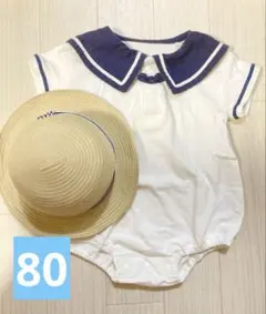 セーラーロンパースと麦わら風帽子の２点セット　アカチャンホンポ80サイズ46cm