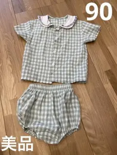 グリーン　チェック　襟付きシャツとパンツセット　90