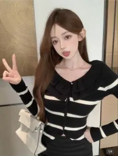 フリル付き黒白ストライプカーディガン M