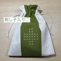 巾着袋　ハンドメイド　ポーチ　グリーン　小物入れ　刺し子　ナチュラル　小物整理