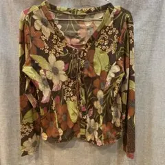 ★茶 レトロ 花柄 編み上げブラウス チュニック★