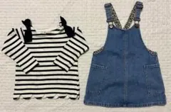 ストライプトップスとデニムジャンバースカートセット