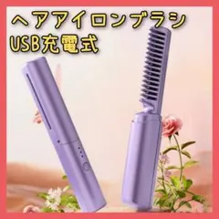 ✨人気商品✨ヘアアイロン ブラシ　USB 充電式　三段階温度調節　2in1　紫