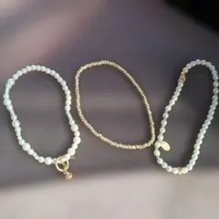 パールと金属の3本セットブレスレット　伸縮性あり