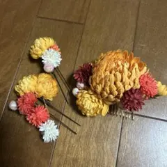 布製花の髪飾り コーム式　オレンジ・黄色系