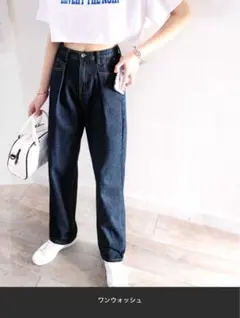 深めのタックが印象的 ハイウエストデニム＆チノ タックワイドパンツ