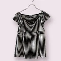【CROLLA】クローラ　フリル袖 白黒ストライプ リボンTシャツ