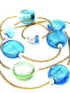 【イタリア製】本真珠ベネチアンガラス青緑グリーン＆パールロングネックレス83cm