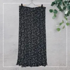 花柄プリントプリーツスカート(LL)ロング　黒　ウエストゴム　日本製
