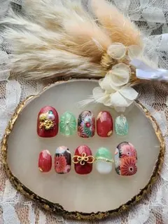 【受注制作】振り袖・和柄ネイル(菊・マグネット・ぷっくりフラワー)2025