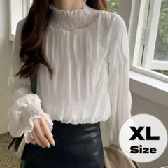 ホワイト　シフォンブラウス　シアートップス　XL 　透け感　重ね着　長袖　韓国