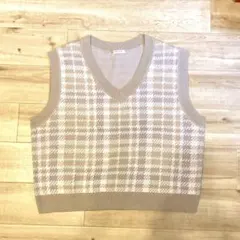 COLZA 千鳥格子柄ニットベスト Sサイズ ベージュ系