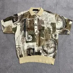 個性的　総柄　アート　レトロ調　半袖シャツ　ハーフボタン　裾リブ　古着