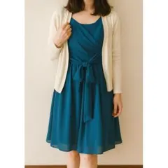 青 シフォン ノースリーブ 膝丈ワンピース M デイリー 古着