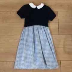 ファミリア　サイズ130 黒と青のチェック 半袖ワンピース 襟付き