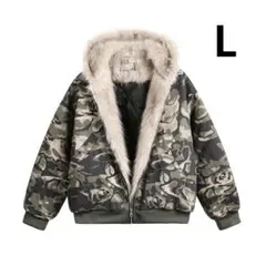 迷彩柄 L フード付 ボア ファージャケット 中綿アウター y2k 男女兼用0