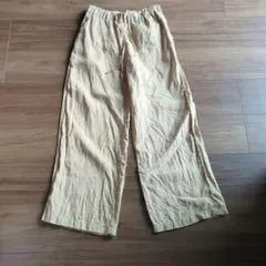 無印良品ベージュ ワイドリネン100%パンツ ゴムウエスト