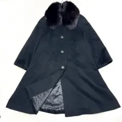 カシミヤ 100% フォックスファー付 ロングコート ブラック サイズフリー