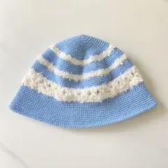 ハンドメイド　フリル編みクロシェハット　バケットハット　透かし編み　コットン