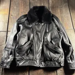 古着　本革　短丈レザーボンバージャケット　襟ボア　変形フライトジャケット　L黒.