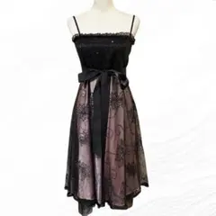 スパンコール付き チュールレース ドレス キャミワンピース リボン付 黒 ピンク