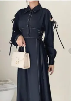 ワンピース ロング 肩開き リボン付き