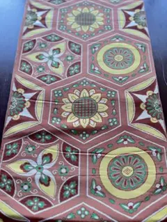 アンティーク袋帯☆大正ロマン☆R2ピンクがかった茶のベースに亀甲柄とひまわり