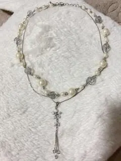 2連風　パール　花モチーフ　ネックレス