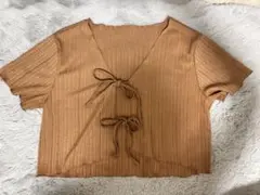 リブ編みブラウン半袖トップス