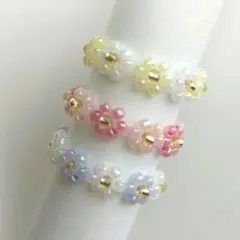 【ハンドメイド】花モチーフビーズリング3個セット ピンク ブルー イエロー