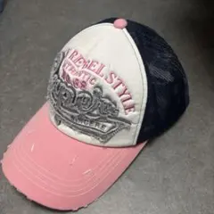 ダメージ加工 メッシュキャップ ピンク×ホワイト