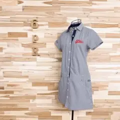 美品【フィラゴルフ】ゴルフ ストライプ 半袖 ポロシャツ ワンピース M 紺×白