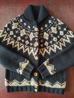 ニットカーディガン レディース ウール100% ネイビー M フェアアイル柄